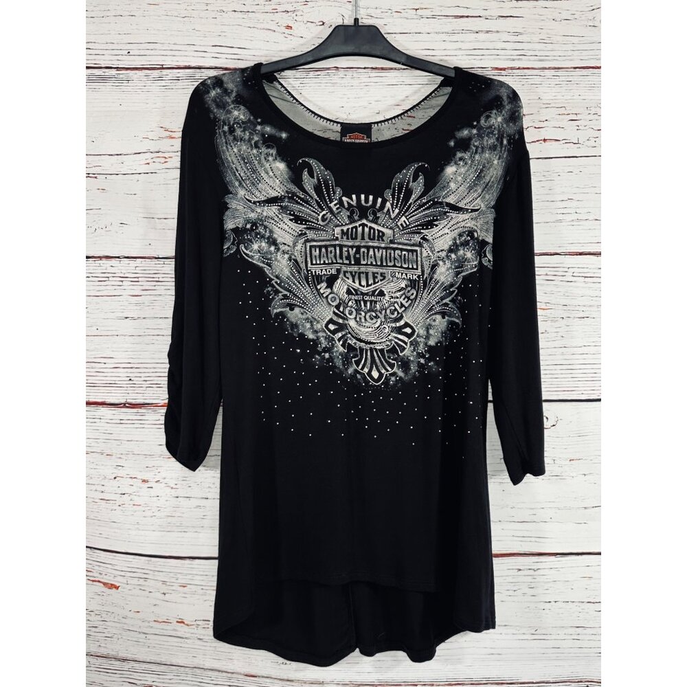Harley-Davidson Womens Black Genuine Motorcycles Rhinestone & Lace Top Size L Se - Picture 14 of 14